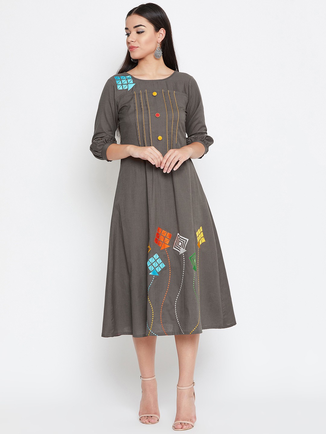

WineRed Women Grey Embroidered A-Line Dress