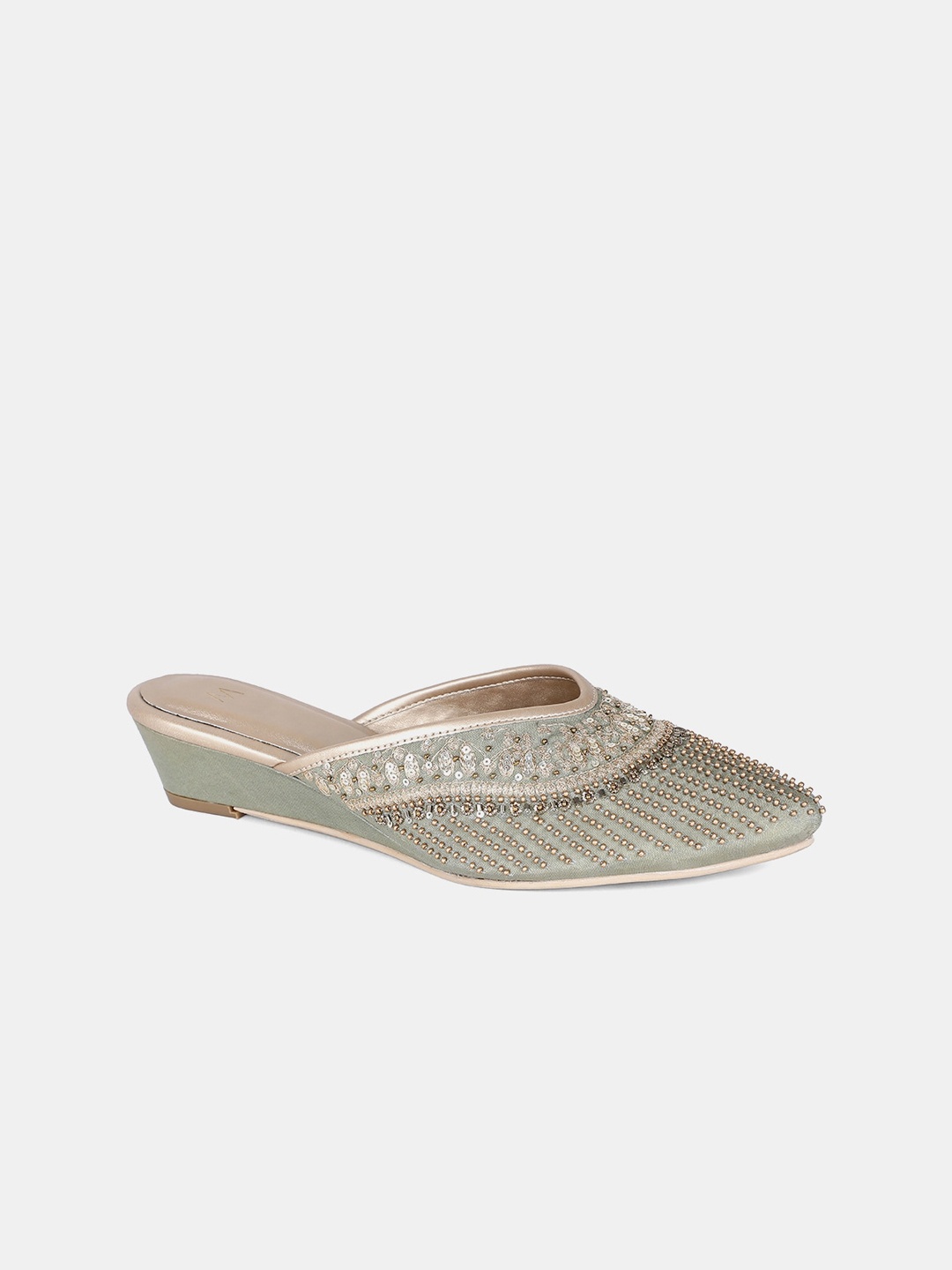 

W Women Green Gold-Toned Embellished Mules