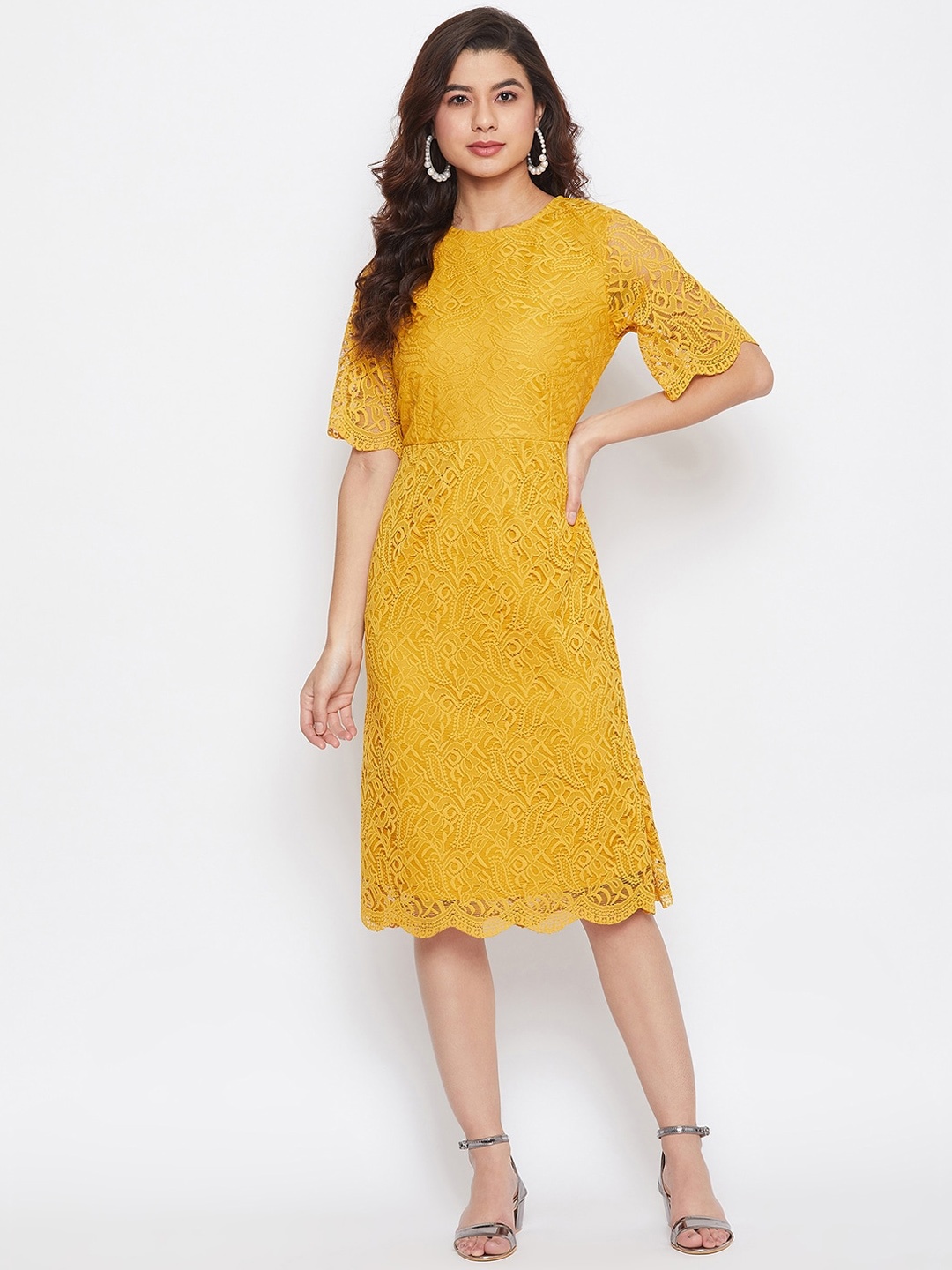 

Imfashini Women Yellow Self Design A-Line Dress