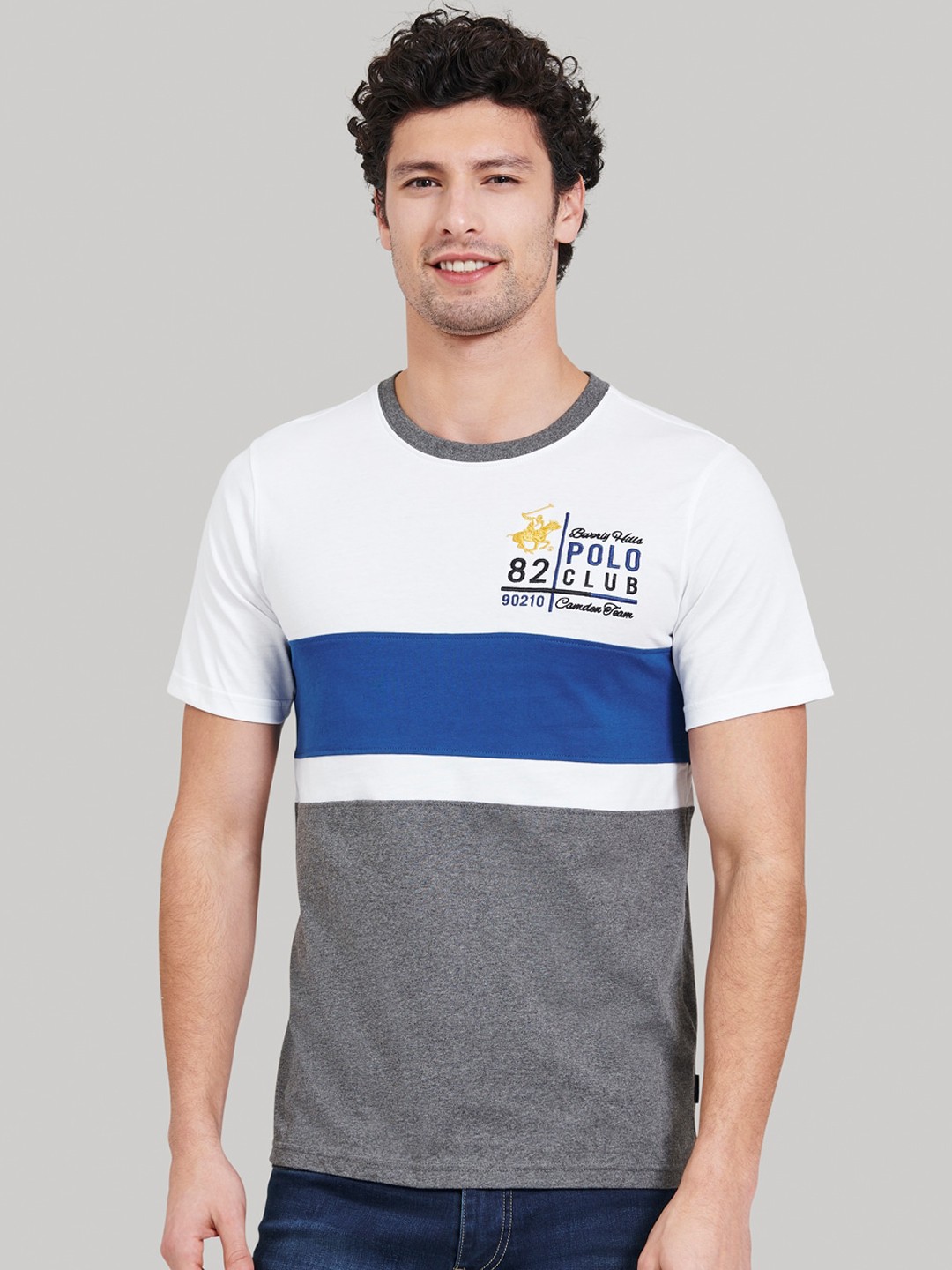 

Beverly Hills Polo Club Men White & Grey Colourblocked Round Neck T-shirt
