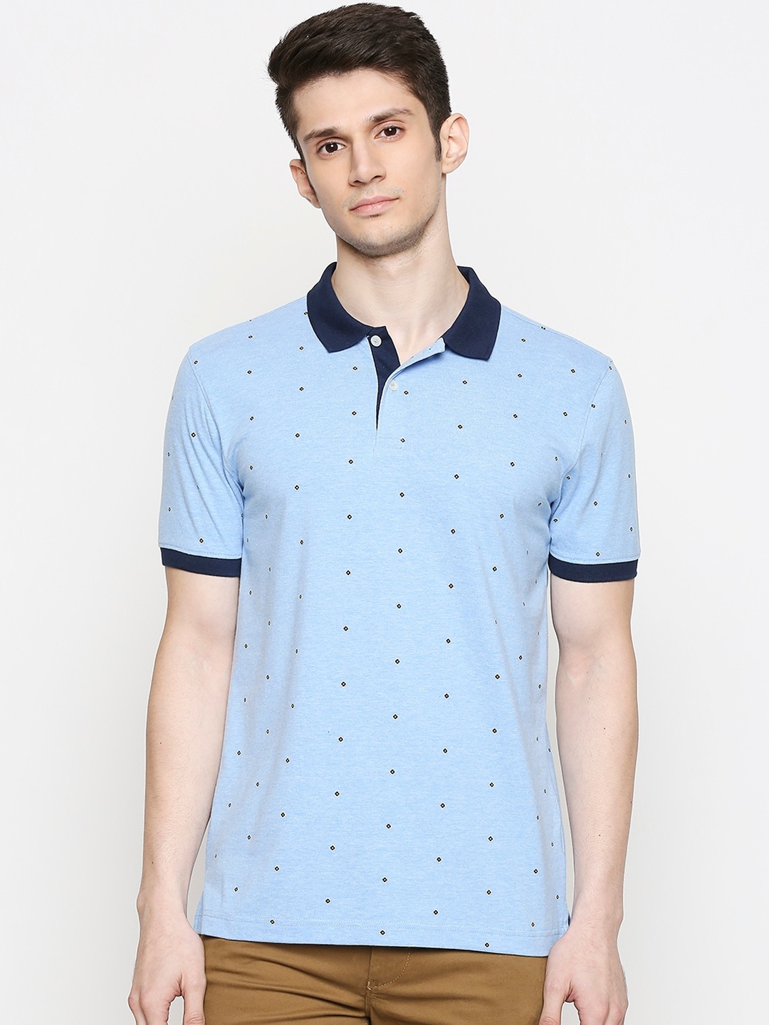 

BYFORD by Pantaloons Men Blue Printed Slim Fit Polo Collar Pure Cotton T-shirt