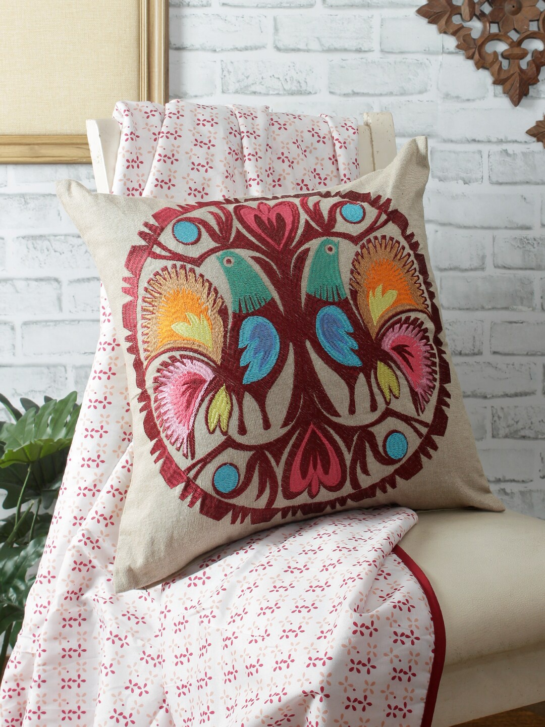 

REME Beige & Maroon Single Embroidered Organic Chambray Square Cushion Covers