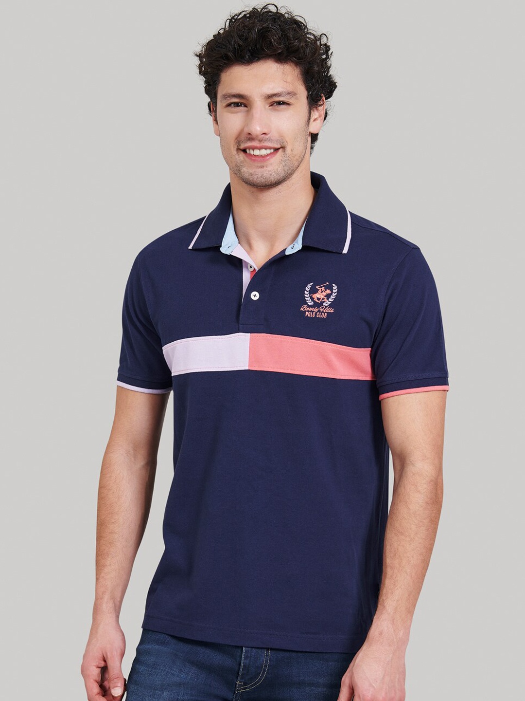 

Beverly Hills Polo Club Men Blue Colourblocked Polo Collar T-shirt