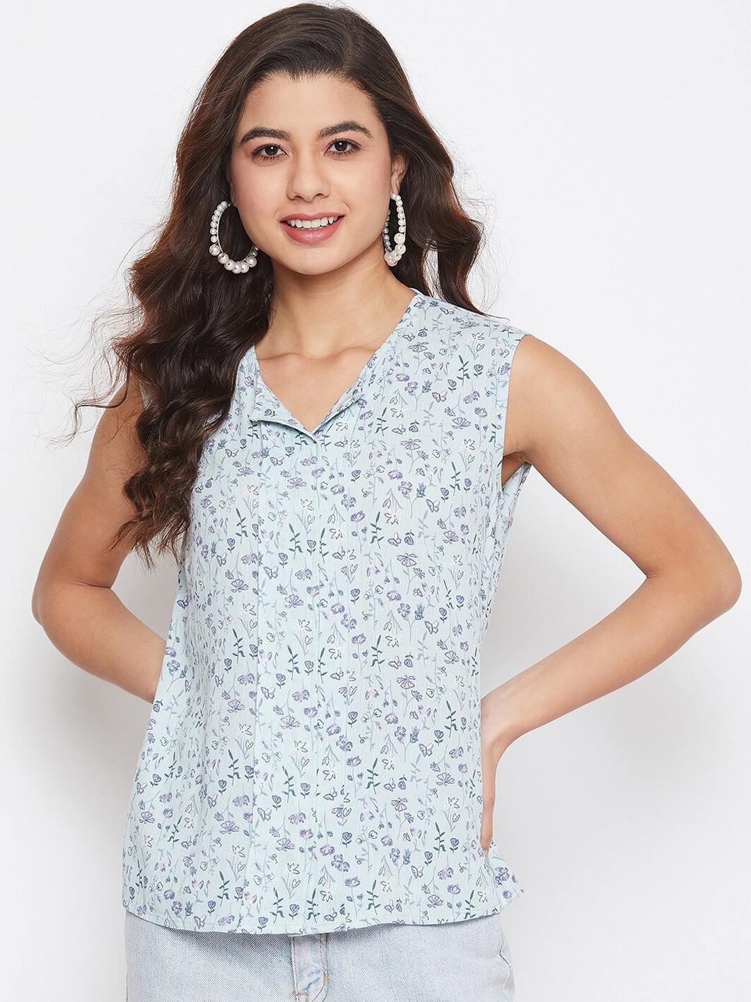 

Imfashini Women Turquoise Blue Floral Printed Top