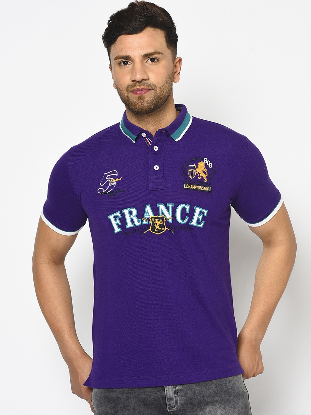 

Duke Men Purple Printed Polo Collar T-shirt