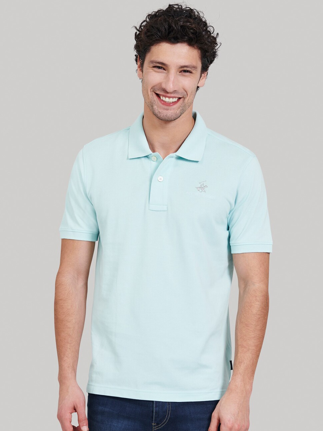 

Beverly Hills Polo Club Men Turquoise Blue Solid Polo Collar T-shirt