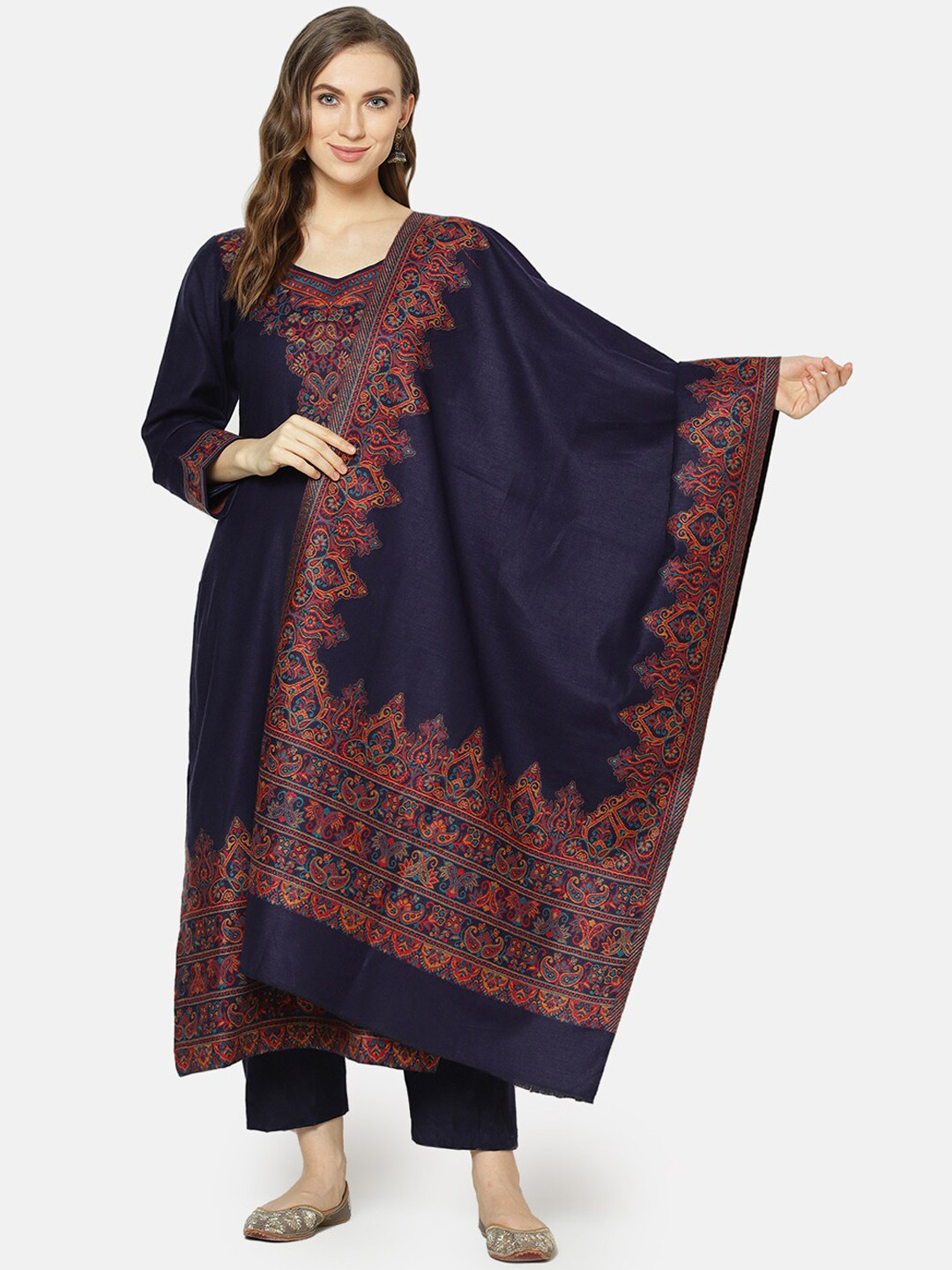 

Safaa Women Navy Acro Wool Woven Suit & Dupatta With Four Side Border(Unstiched) For Winter, Navy blue