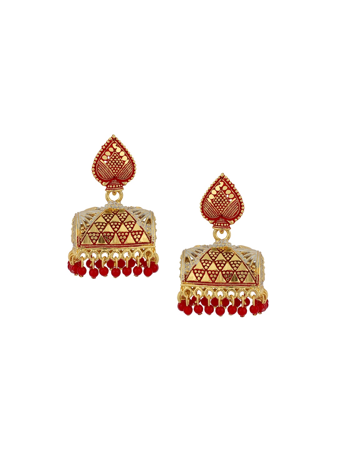 

ANIKAS CREATION Gold-Plated & Red Contemporary Jhumkas