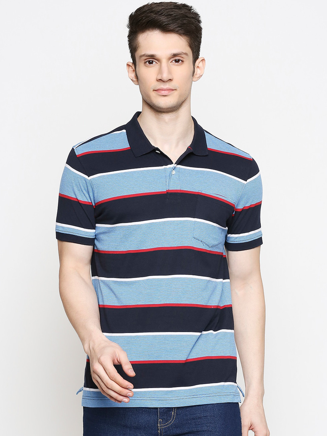 

BYFORD by Pantaloons Men Navy Blue Striped Slim Fit Polo Collar T-shirt