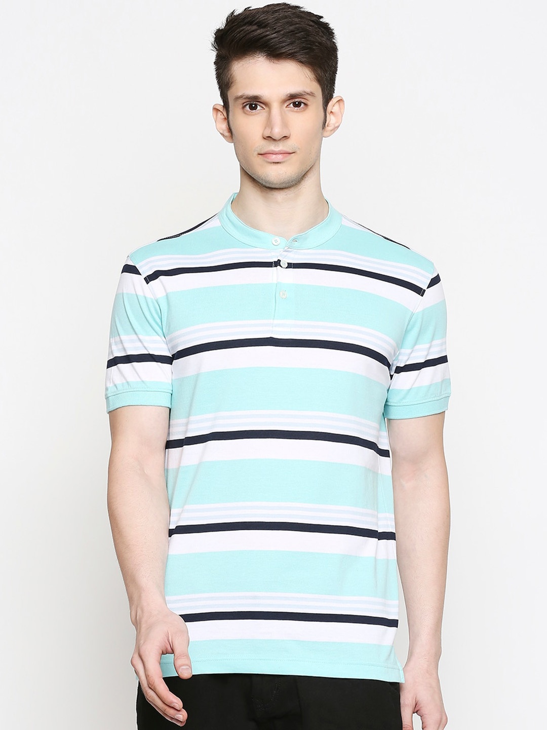 

BYFORD by Pantaloons Men Sea Green Striped Slim Fit Mandarin Collar T-shirt