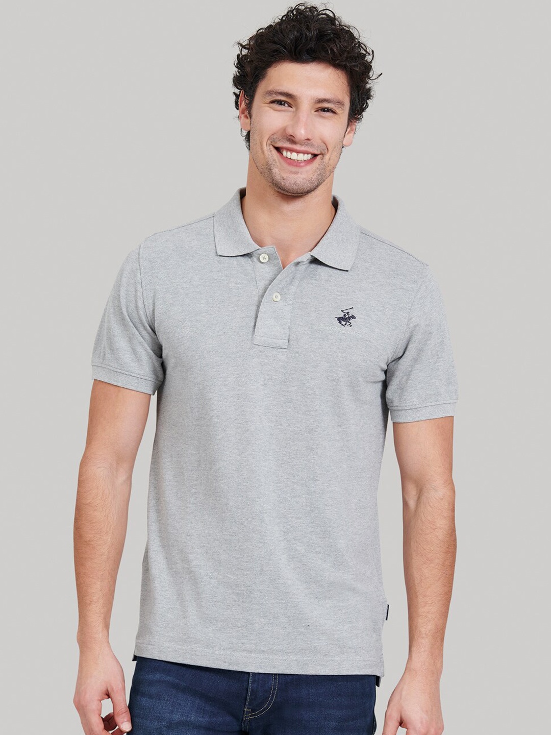 

Beverly Hills Polo Club Men Grey Solid Polo Collar T-shirt