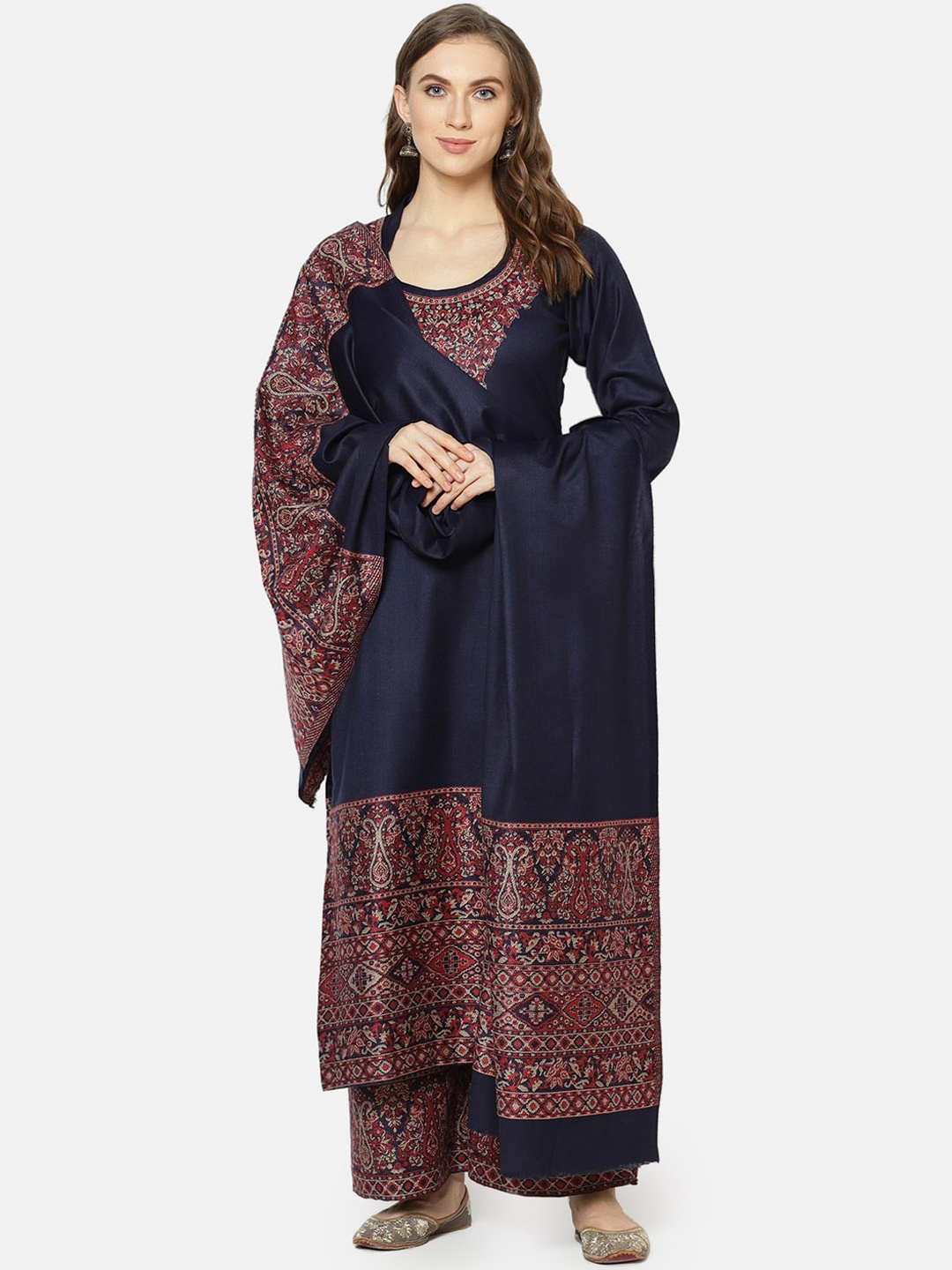 Safaa Women Navy Acro Wool Woven Suit & Dupatta (Unstiched) For Winter, Navy blue