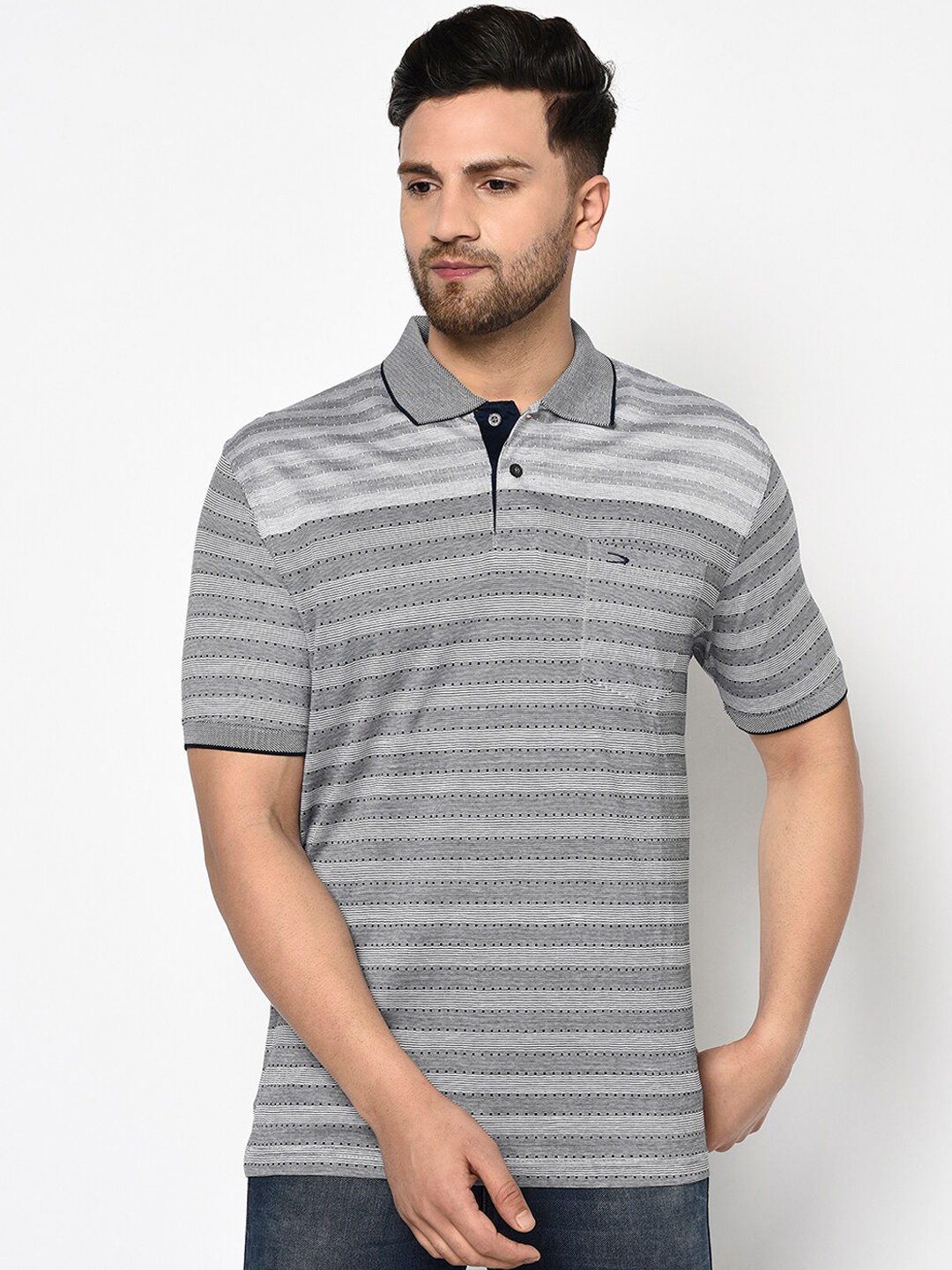 

Duke Men Grey Striped Polo Collar T-shirt