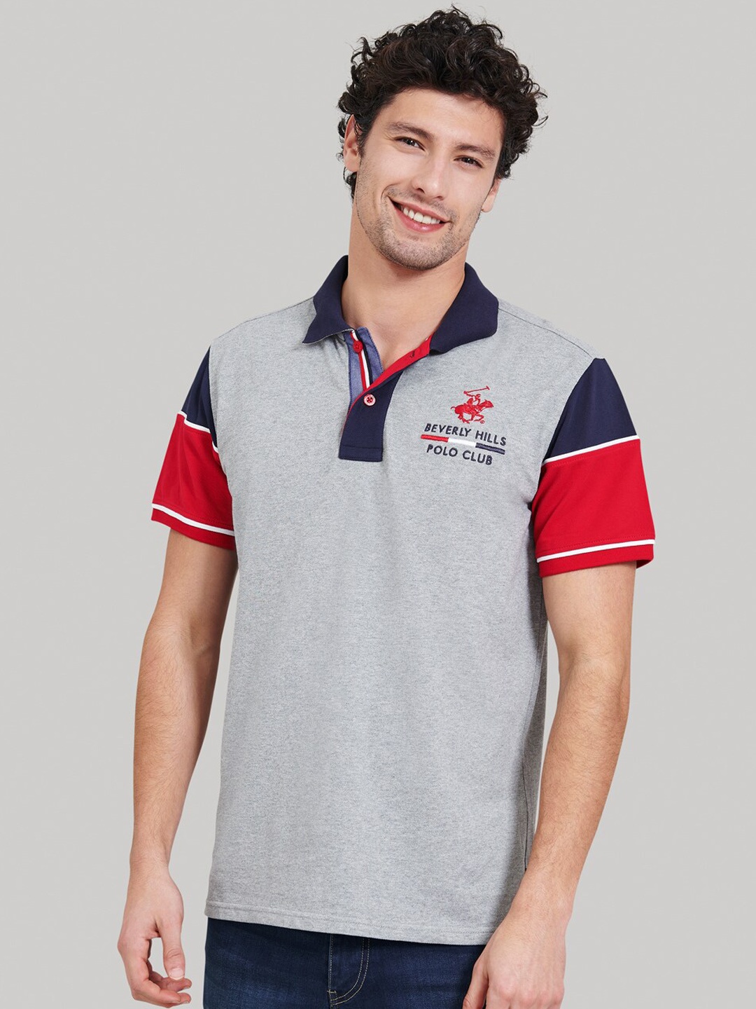 

Beverly Hills Polo Club Men Grey Colourblocked Polo Collar T-shirt