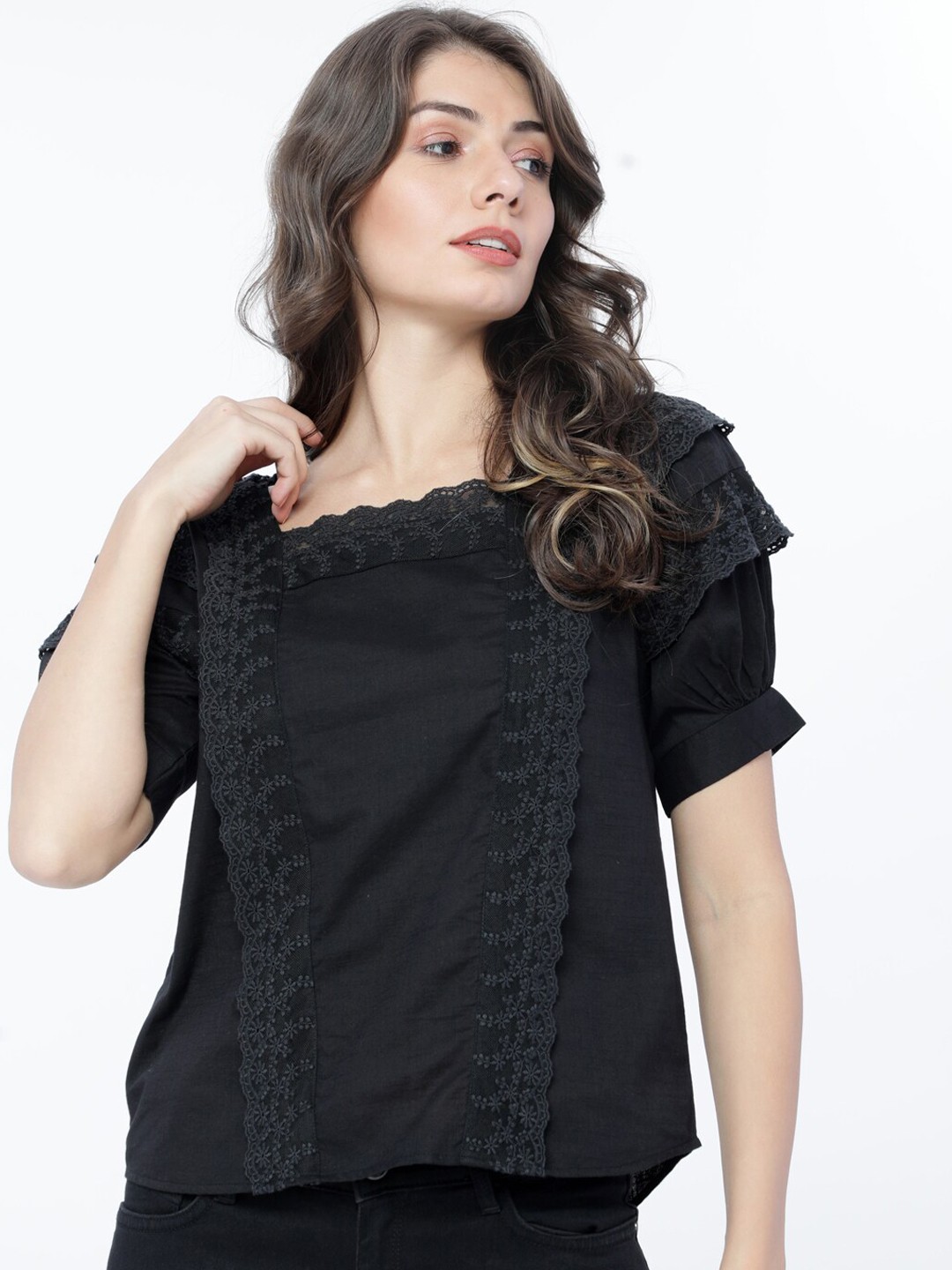 

Tokyo Talkies Women Black Self Design Top
