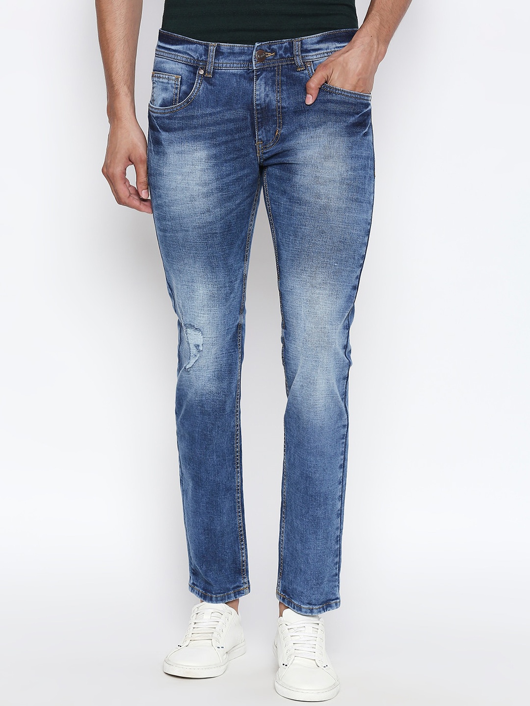 

People Men Blue Slim Fit Mid-Rise Mildly Distressed Stretchable Jeans
