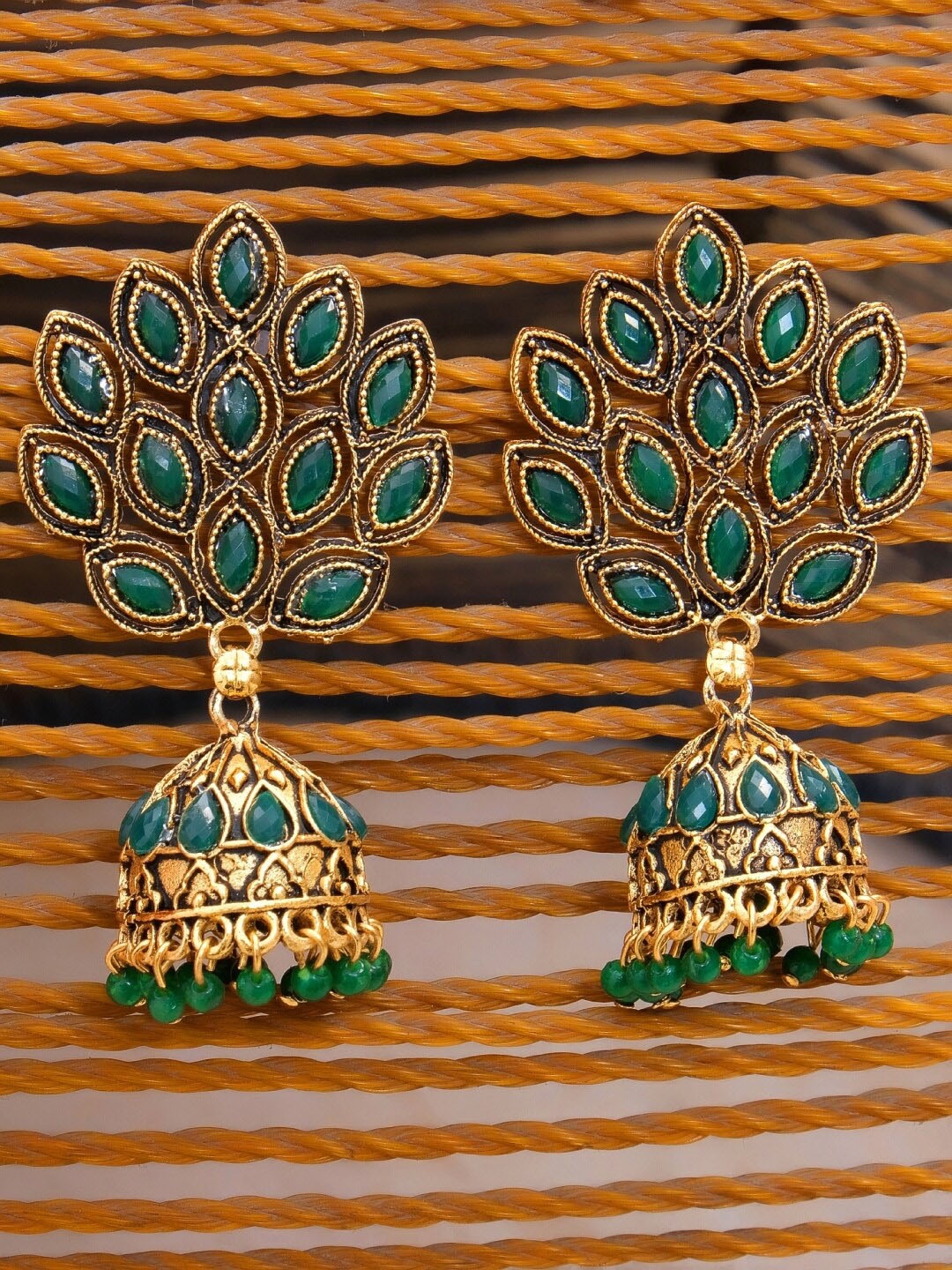 

Crunchy Fashion Green & Gold-Toned Contemporary Jhumkas