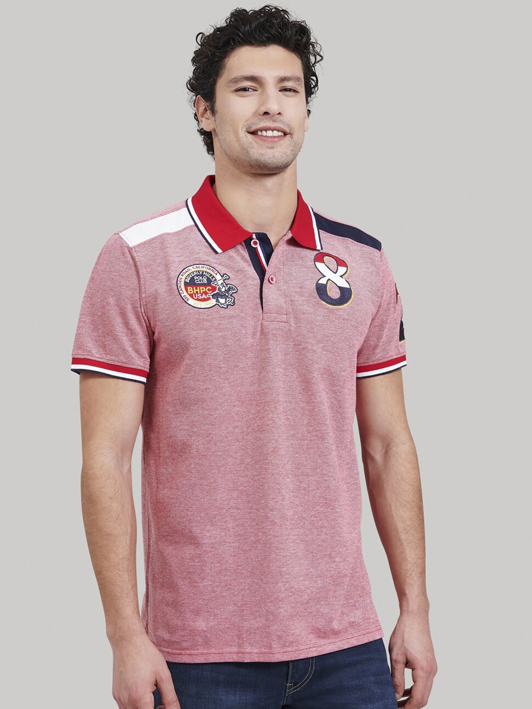 Beverly Hills Polo Club Men Red Striped Polo Collar T-shirt