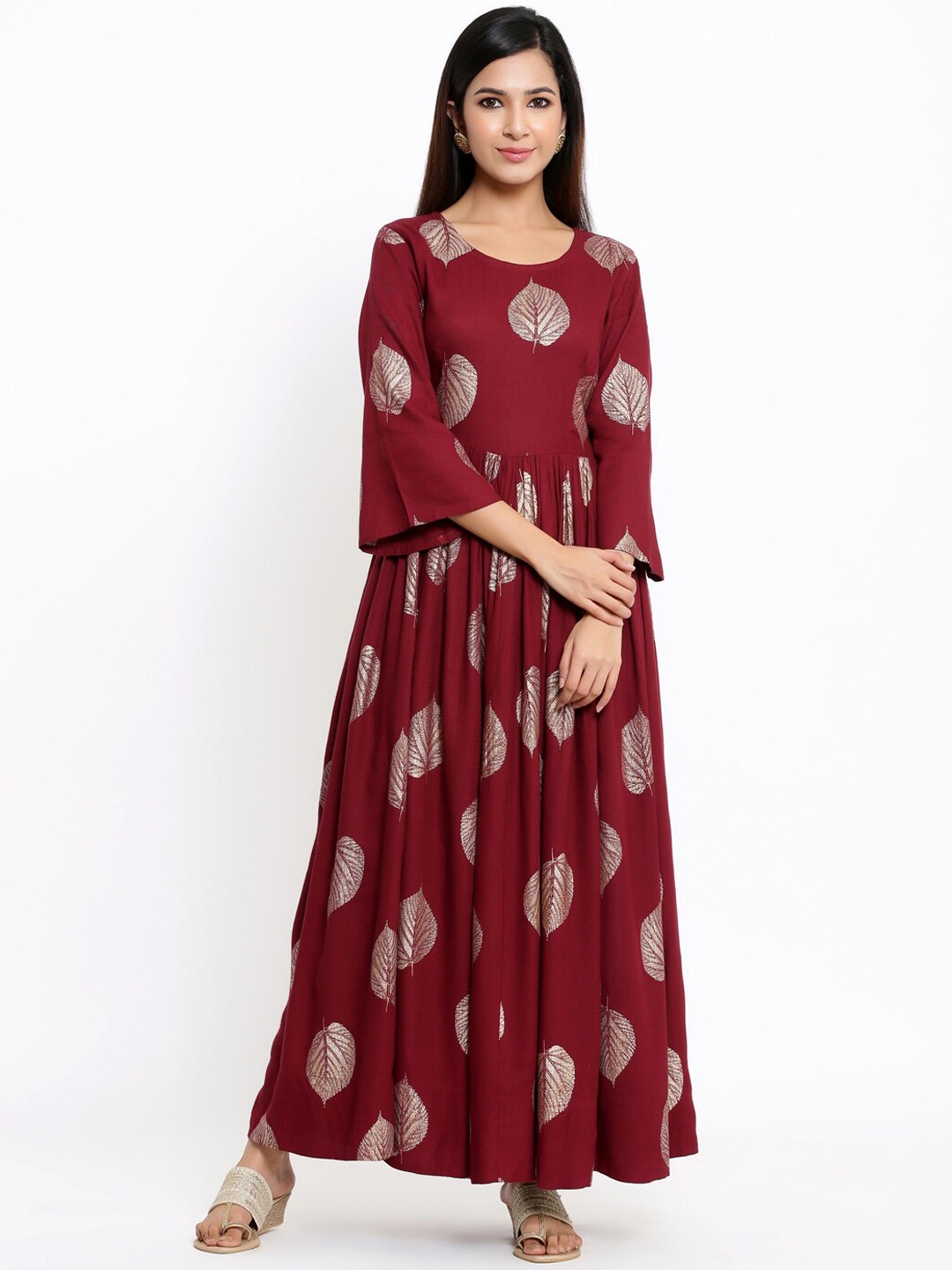 

Indian Virasat Women Maroon & Silver Printed Fit and Flare Dress
