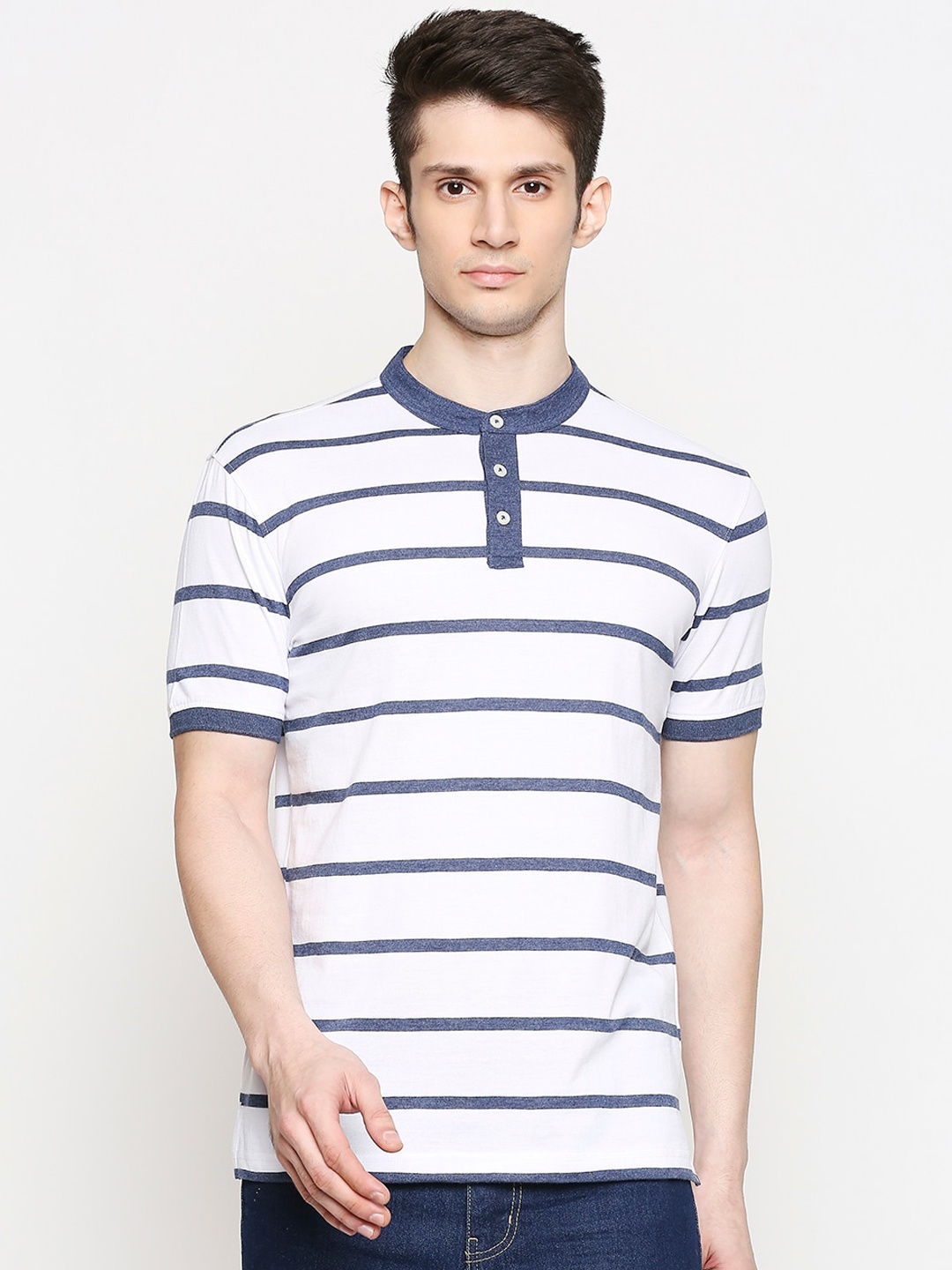 

BYFORD by Pantaloons Men White & Navy Blue Striped Slim Fit Mandarin Collar T-shirt