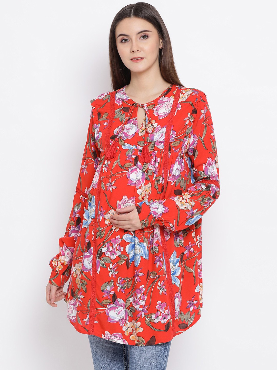 

Oxolloxo Women Red & Blue Printed Maternity Tunic