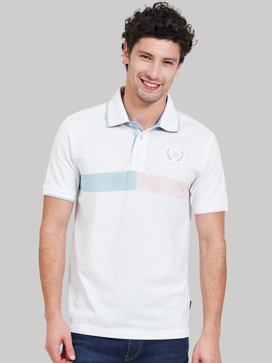 

Beverly Hills Polo Club Men White Striped Polo Collar T-shirt