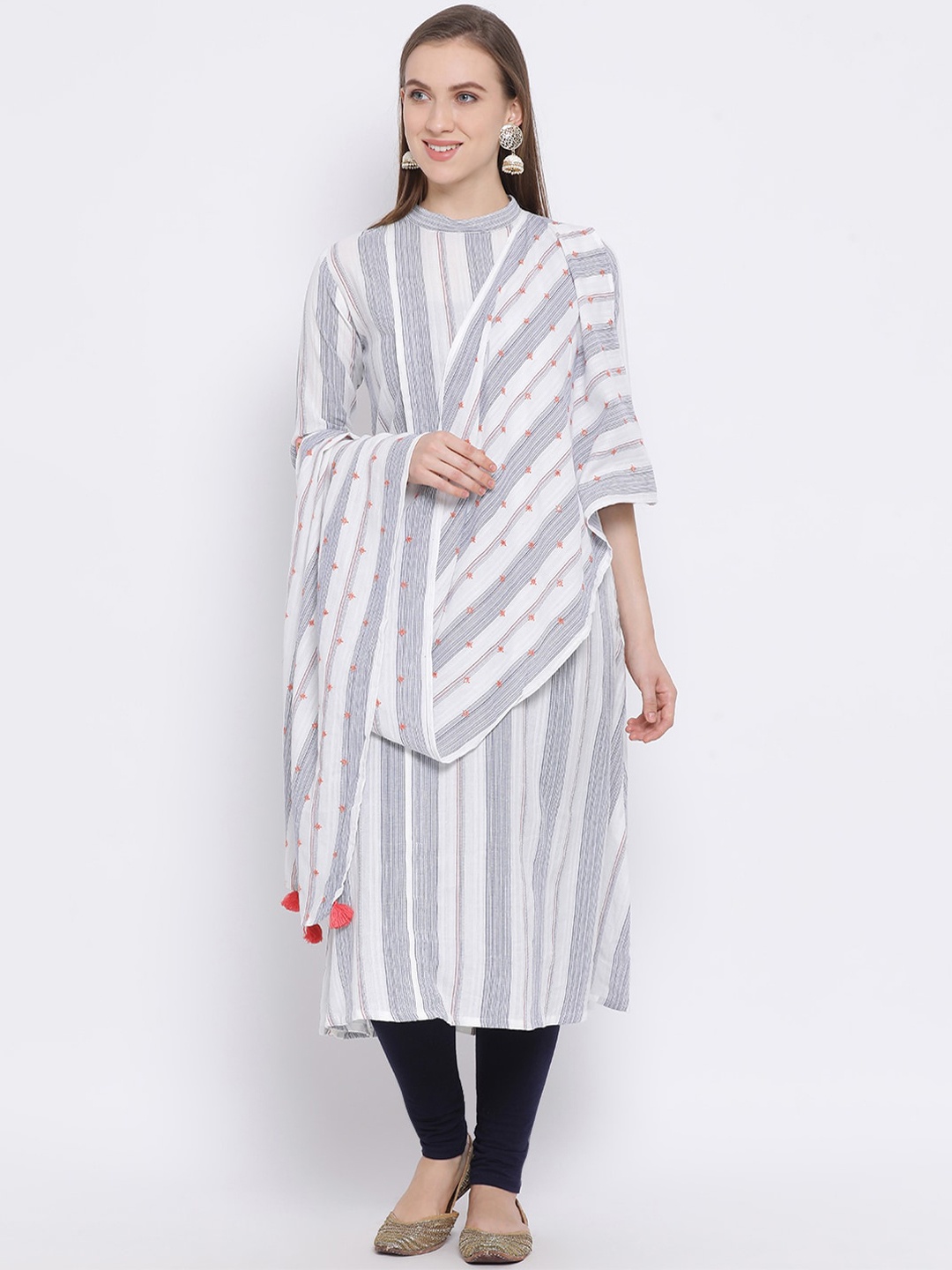 

Span Women White & Blue Striped A-Line Kurta