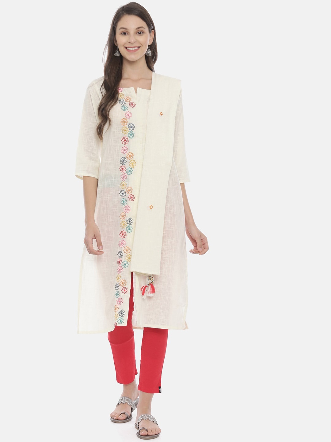 

Neerus Women Cream-Coloured Embroidered A-Line Kurta