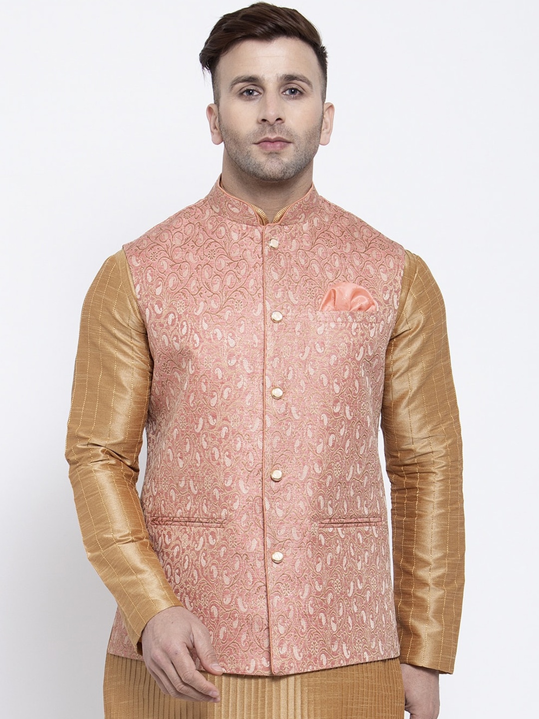 

Badoliya & Sons Men Pink Woven Design Nehru Jacket