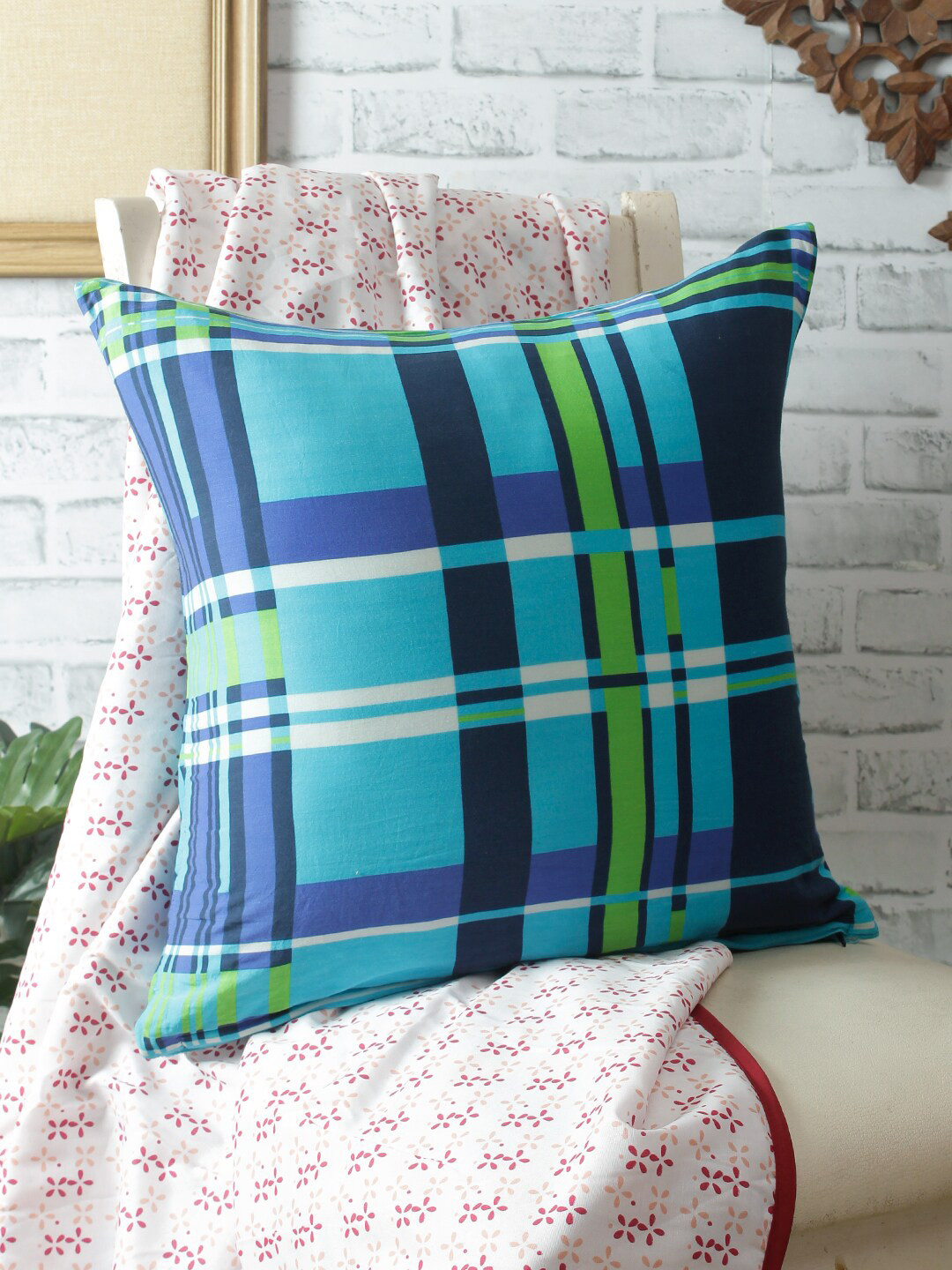 

REME Blue & Green Set of Single Checked Square Cushion Covers