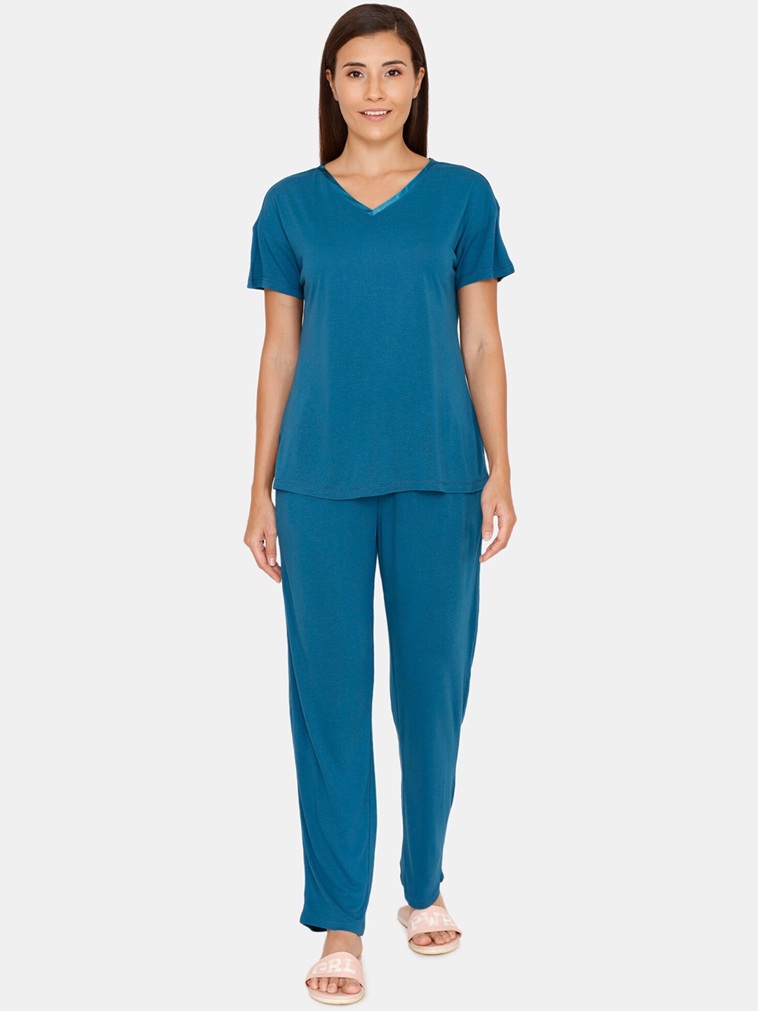 

Zivame Women Teal-Blue Solid Night Suit