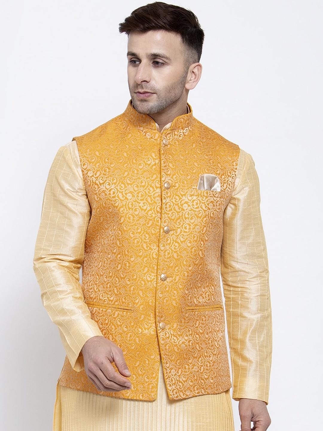 Badoliya & Sons Men Mustard Yellow Woven Design Nehru Jacket