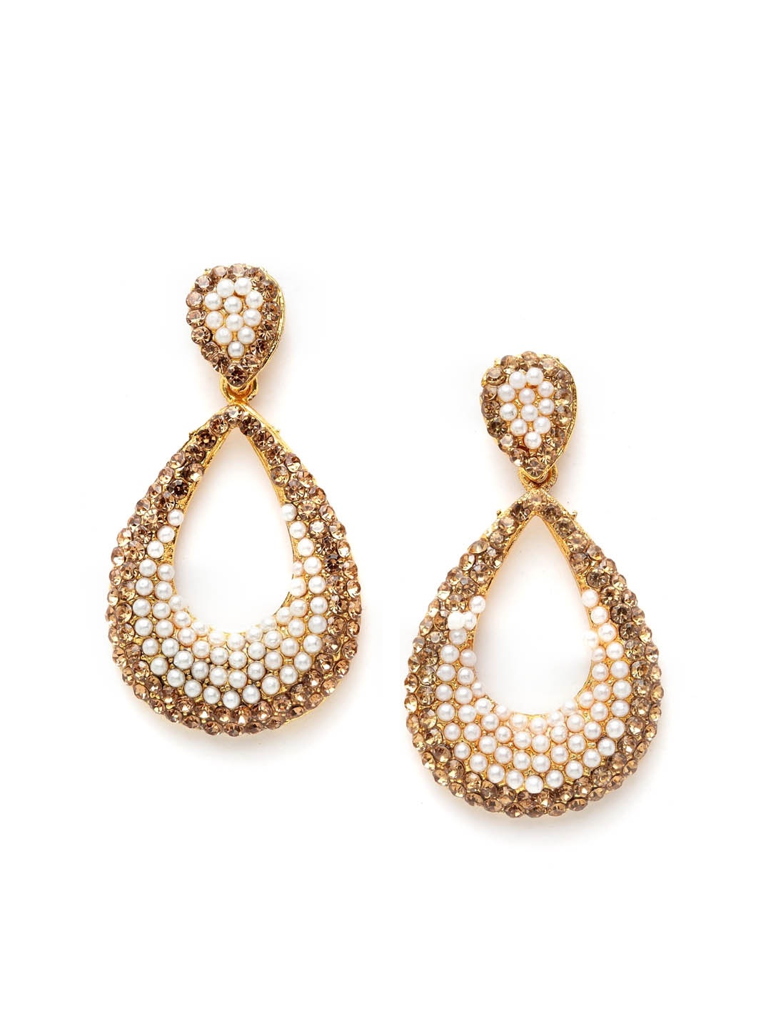 

ANIKAS CREATION Gold-Toned & White Oval Drop Earrings