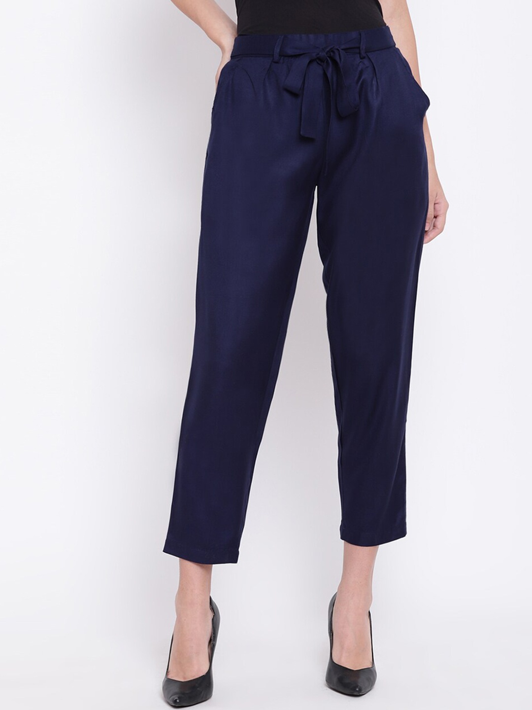 

RIVI Women Navy Blue Solid Peg Trousers