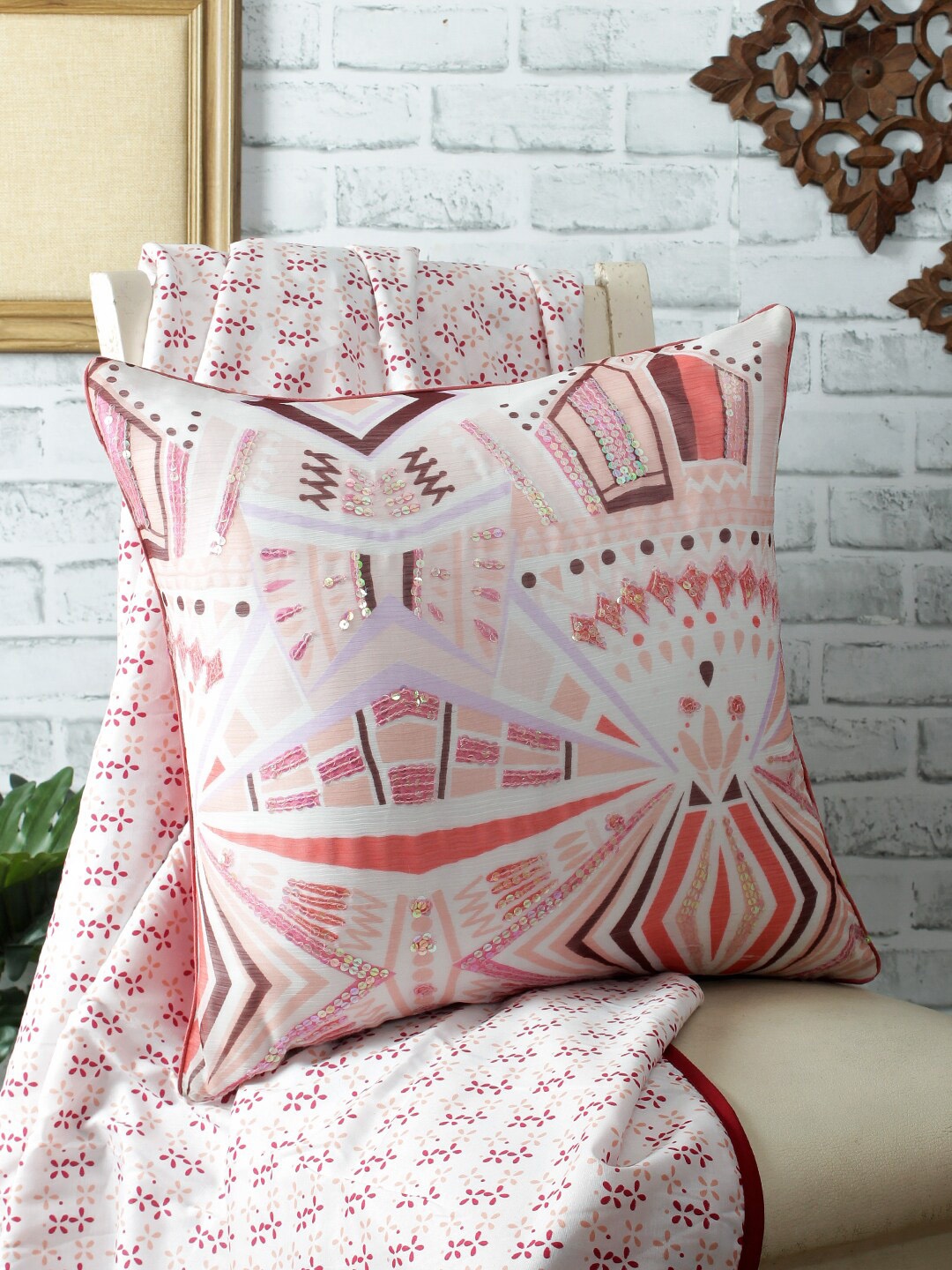 

REME White & Pink Single Embellished Organic Chiffon Square Cushion Cover