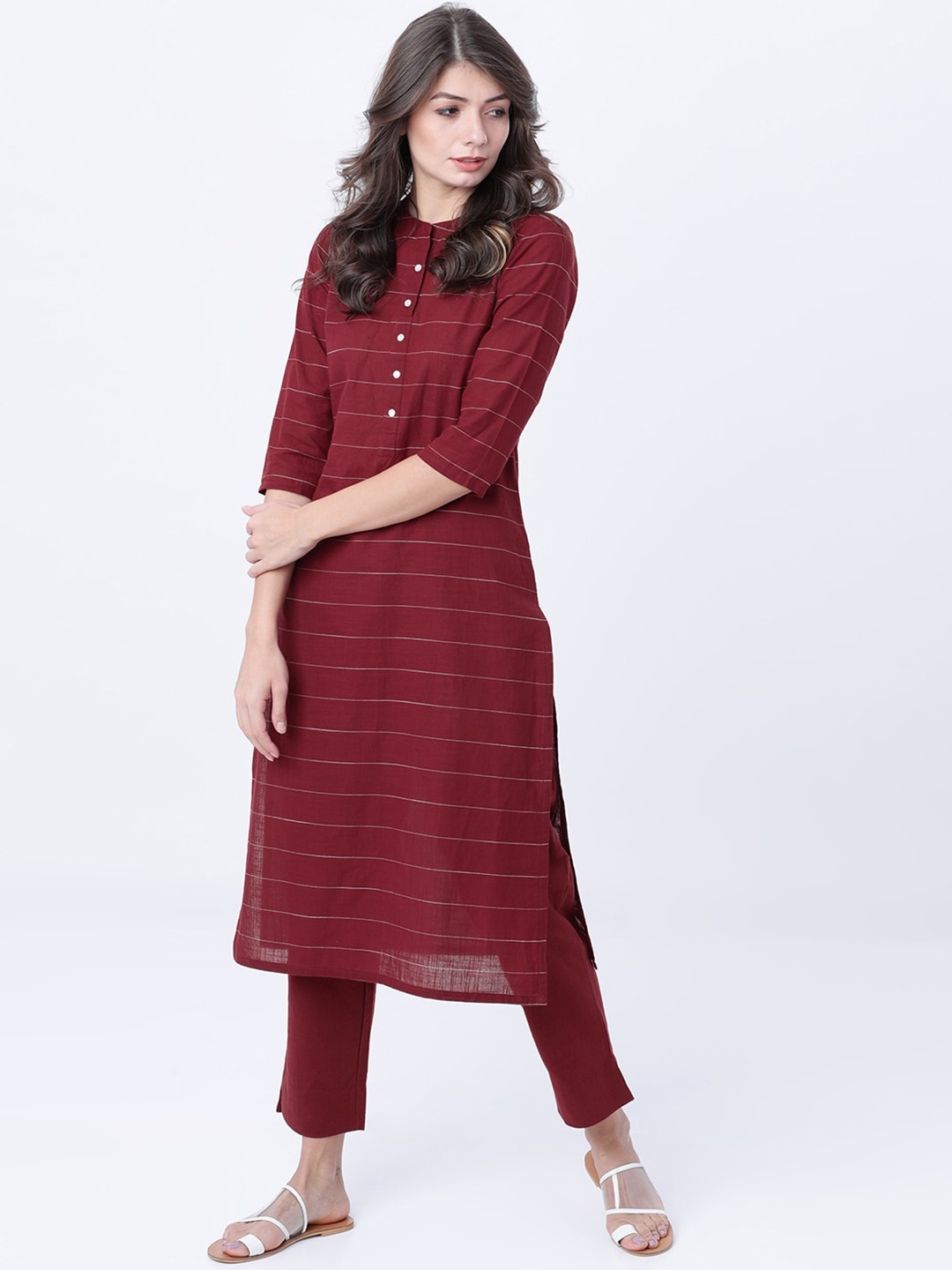 

Vishudh Women Maroon & Off-White Striped Straight Kurta