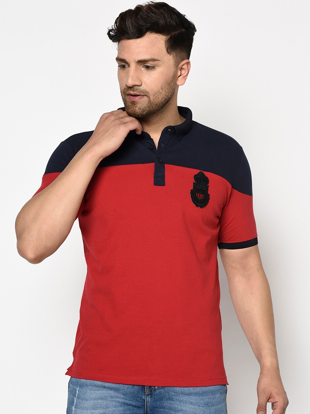 

Duke Men Red & Navy Blue Colourblocked Polo Collar T-shirt