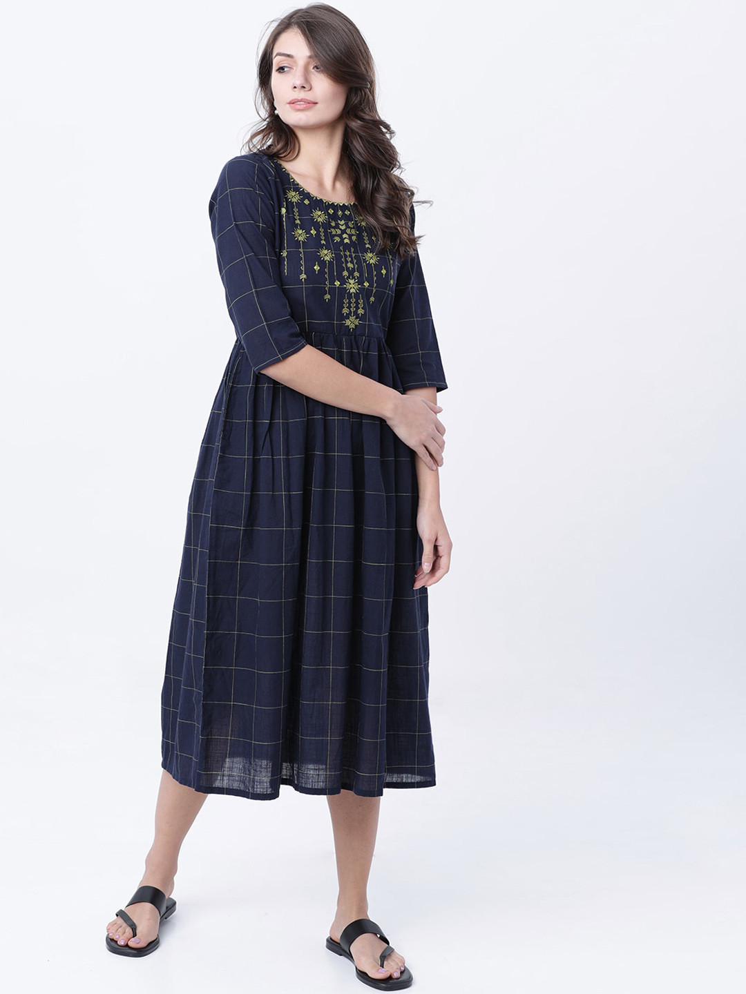 

Vishudh Women Navy Blue Checked Empire Dress