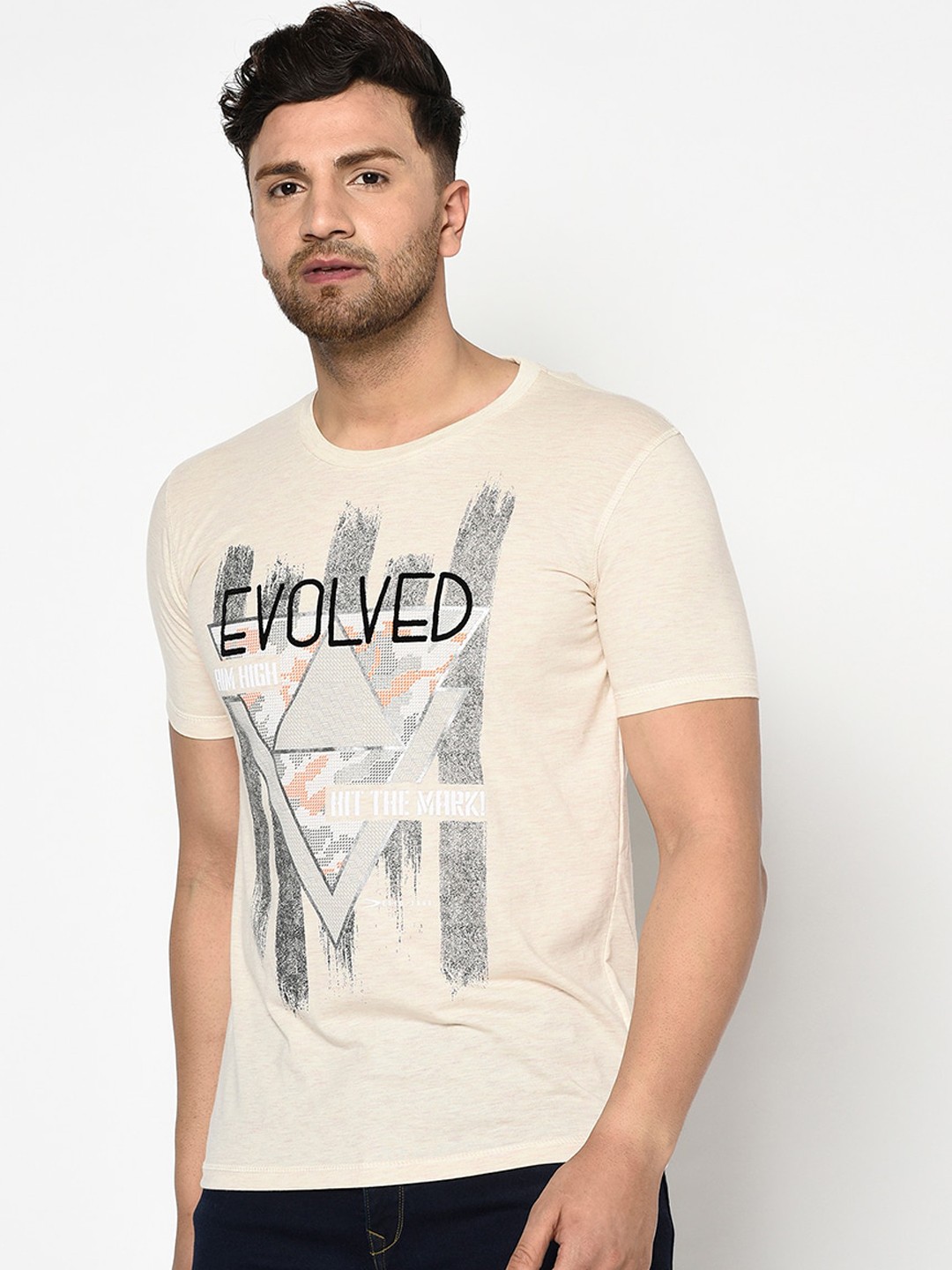 

Duke Men Beige Printed Round Neck T-shirt