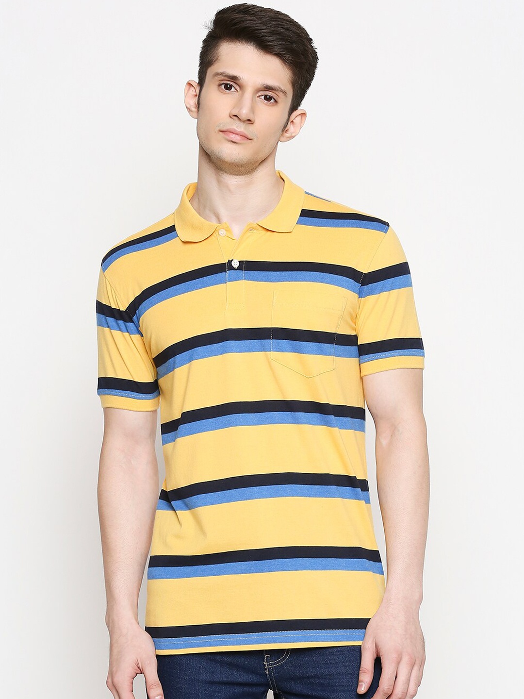 

BYFORD by Pantaloons Men Yellow Striped Slim Fit Polo Collar T-shirt