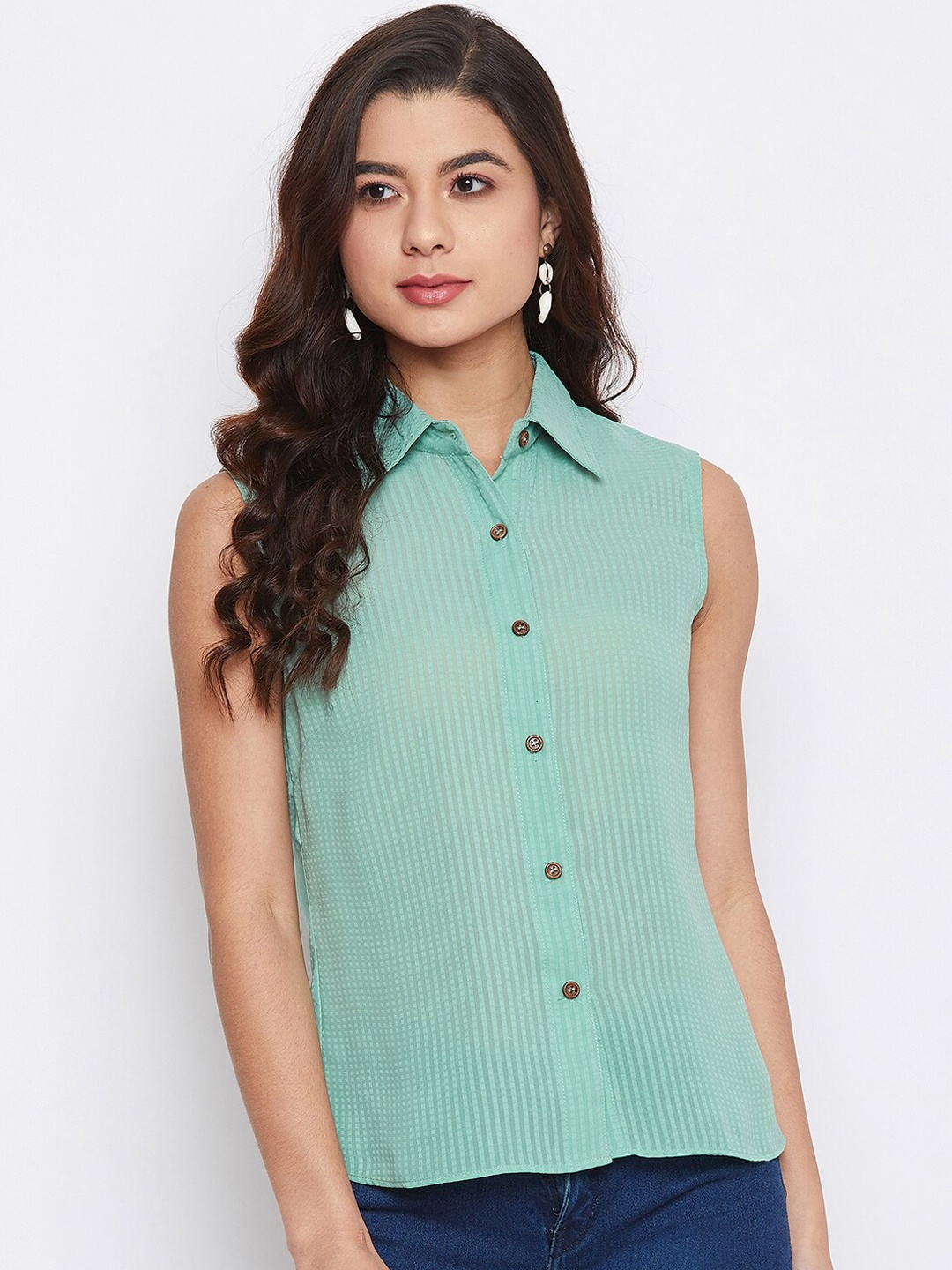 Imfashini Women Lime Green Striped Shirt Style Top