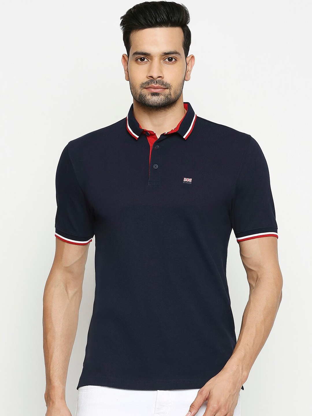 

BYFORD by Pantaloons Men Navy Blue Solid Slim Fit Polo Collar Pure Cotton T-shirt