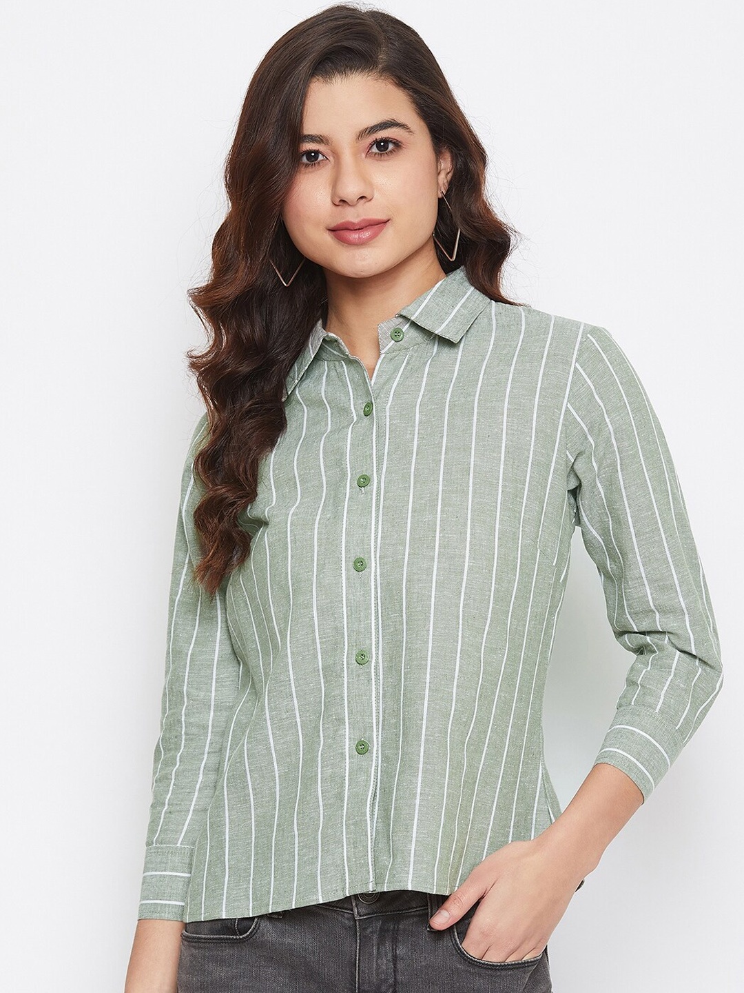 

Imfashini Women Green Striped Shirt Style Top