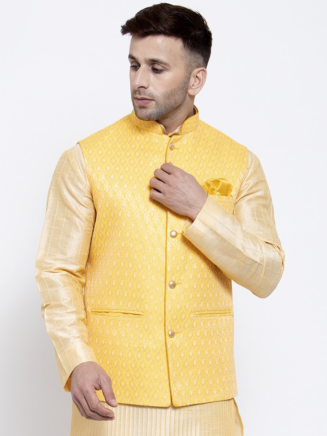 

Badoliya & Sons Men Yellow & Gold-Colour Woven-Design Nehru Jacket
