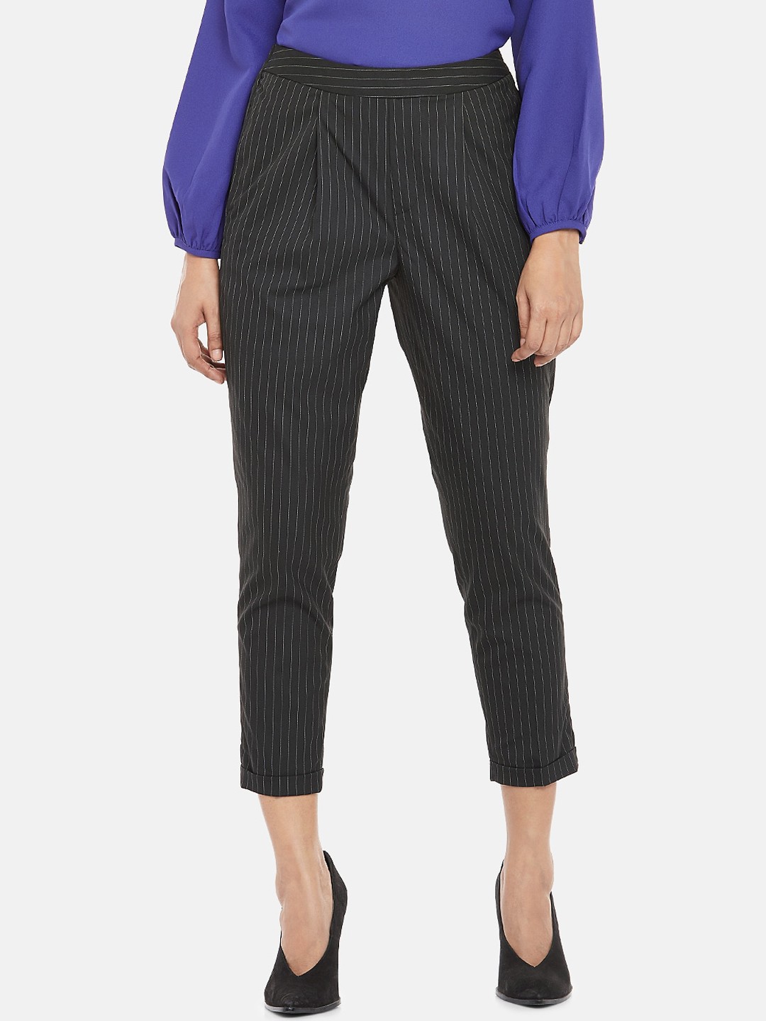 

Annabelle by Pantaloons Women Black Regular Fit Striped Peg Trousers