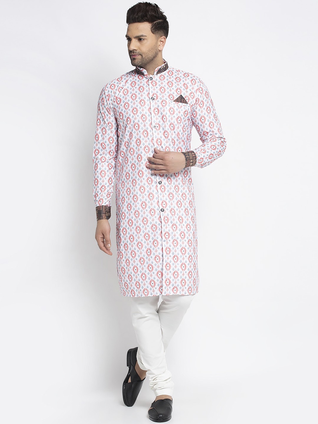 

Benstoke Men White & Red Printed Sherwani & Churidar set