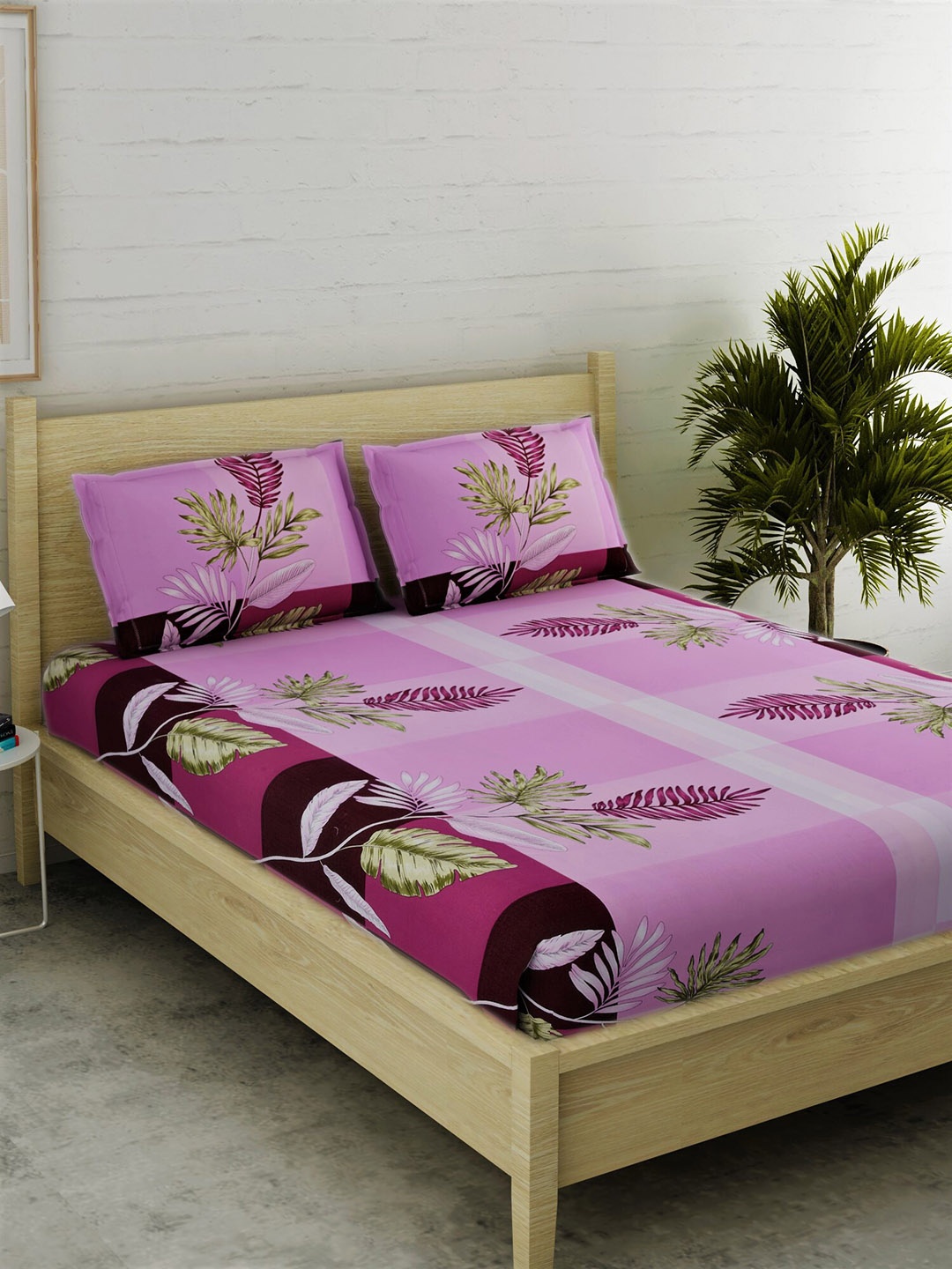 EverHOME Purple & Pink Floral 210 TC Cotton 1 King Bedsheet with 2 Pillow Covers