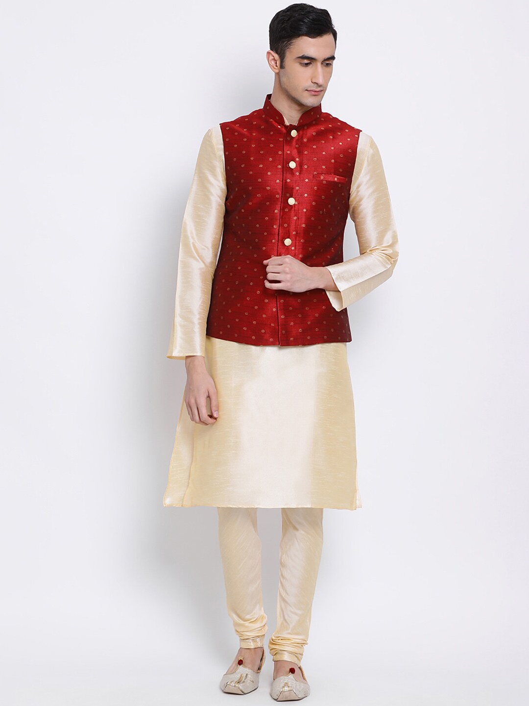 

Sanwara Men Beige & Maroon Solid Kurta with Churidar & Nehru Jacket