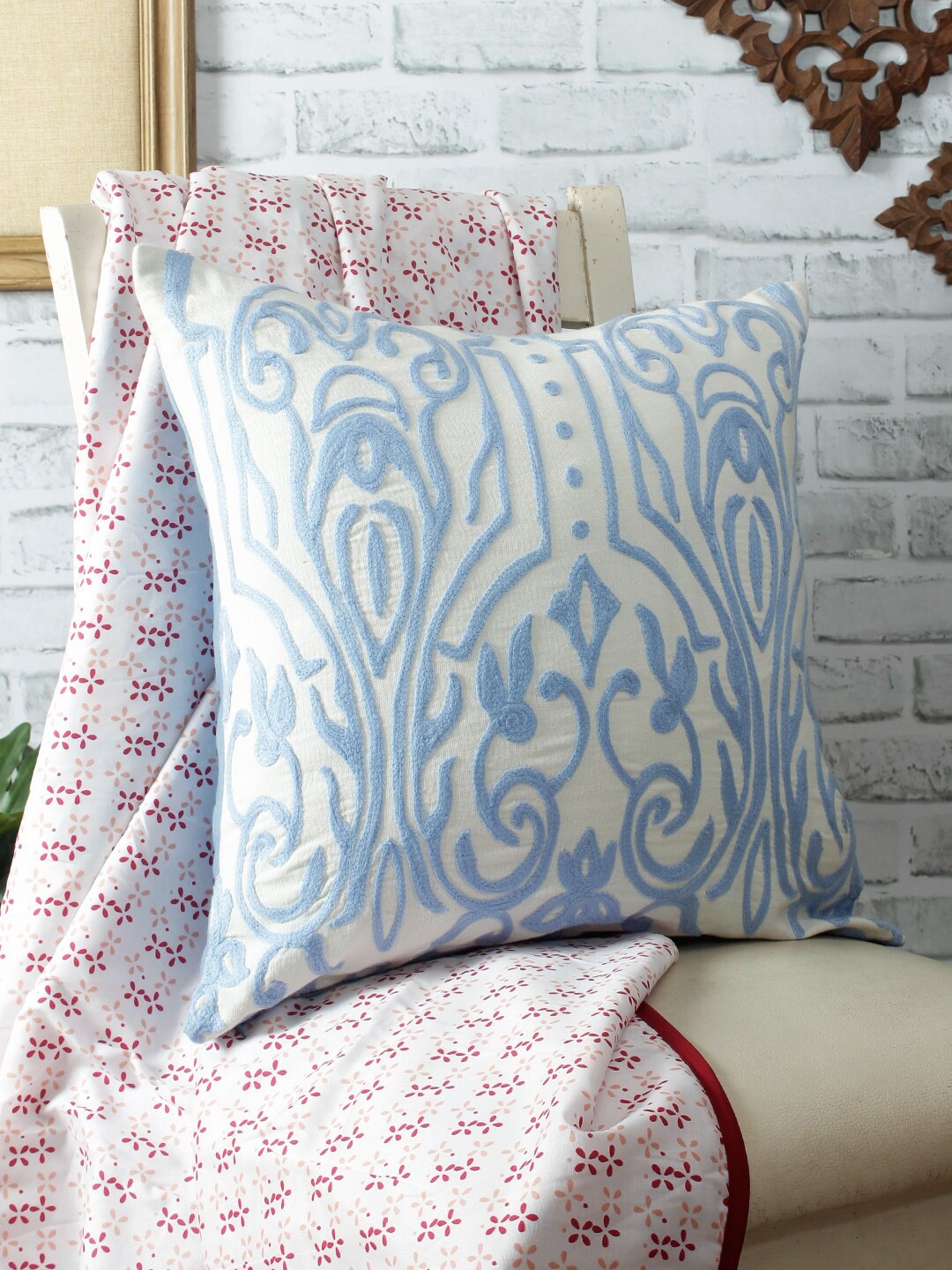 REME White & Blue Embroidered 100% Organic Cotton Square Cushion Cover