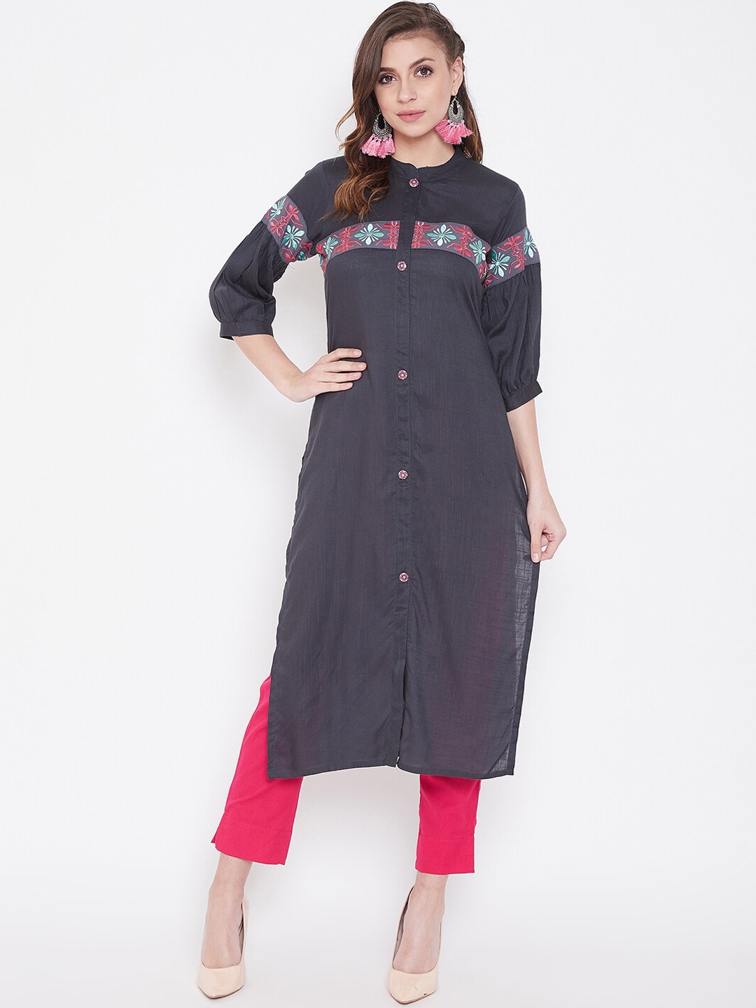 WineRed Women Charcoal Solid Pathani Kurta